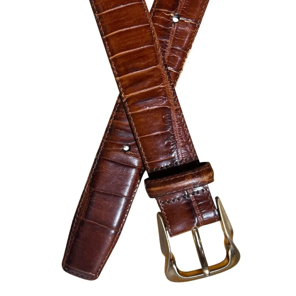 Brighton Brown Embossed Calfskin Leather Belt Gold Buckle Size L (30-43)
